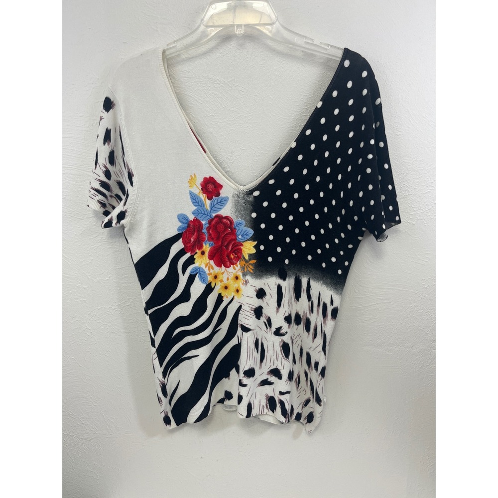La Cite Womens Large Mixed Print Floral V-Neck Knit Top Zebra Polka Dot Leopard